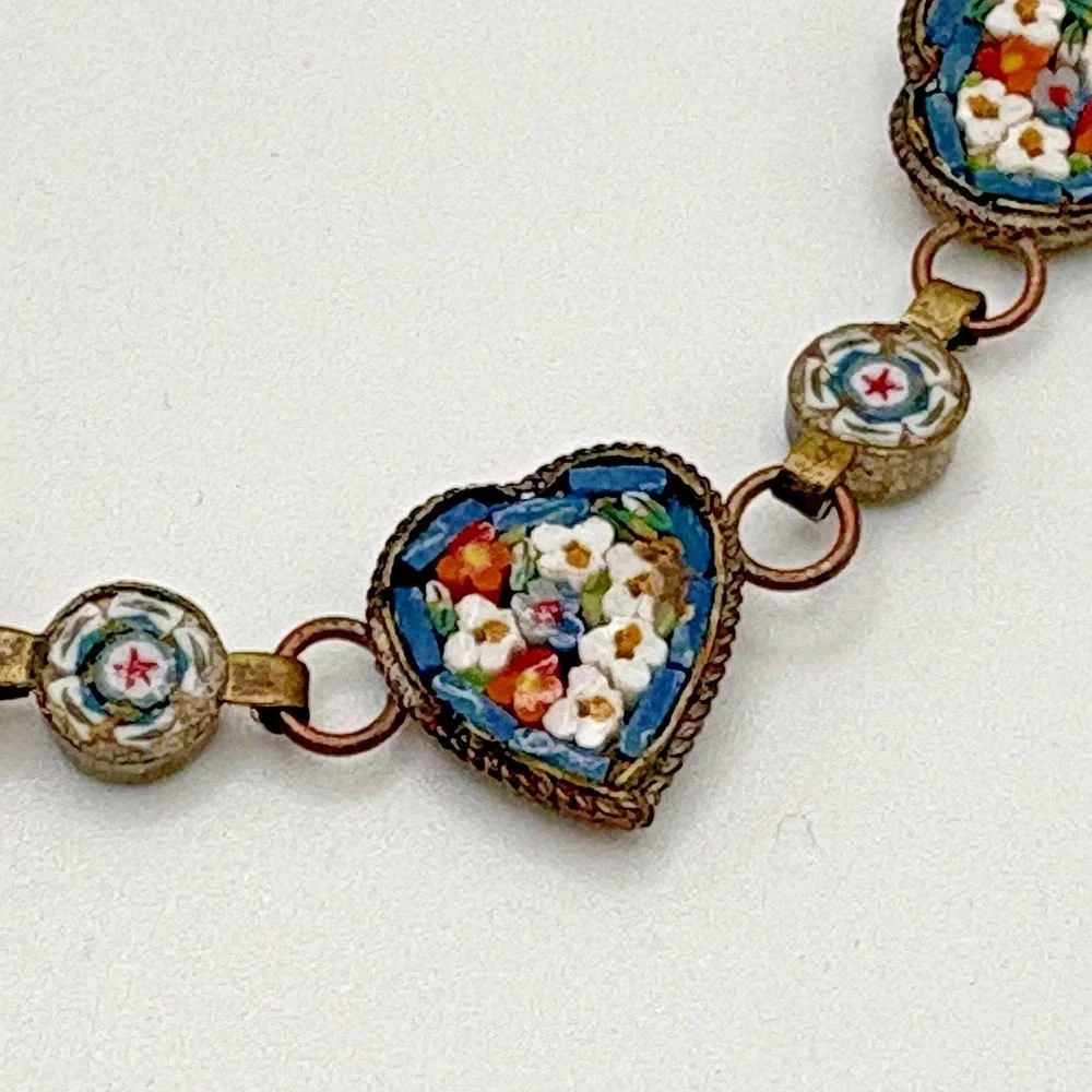 Vintage Italian Micro Mosaic Heart Bracelet Blue Floral Dainty Italy 7